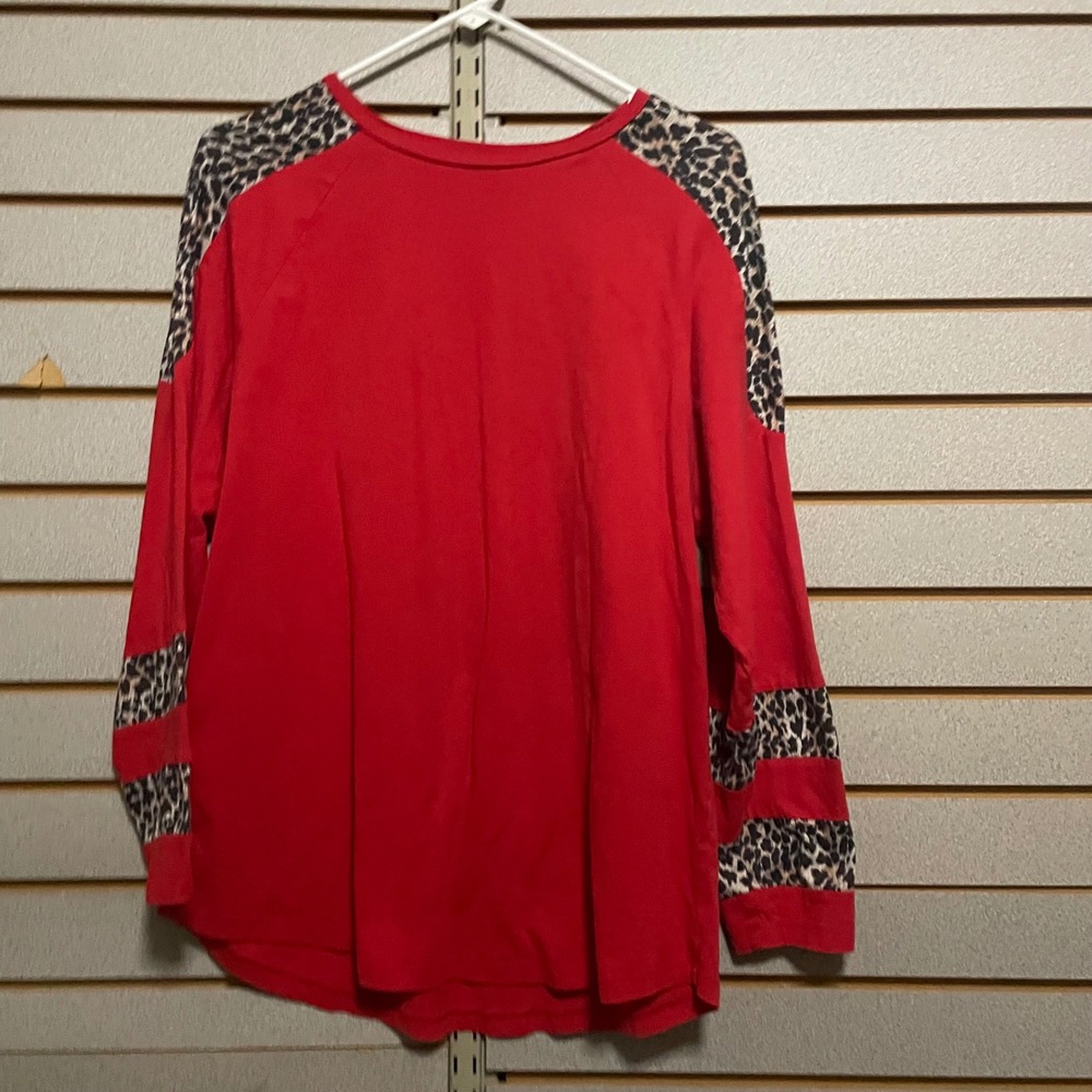 Sunshine & Rodeo Womens XXL Red Leopard‎ Print Raglan Long Sleeve Western Top